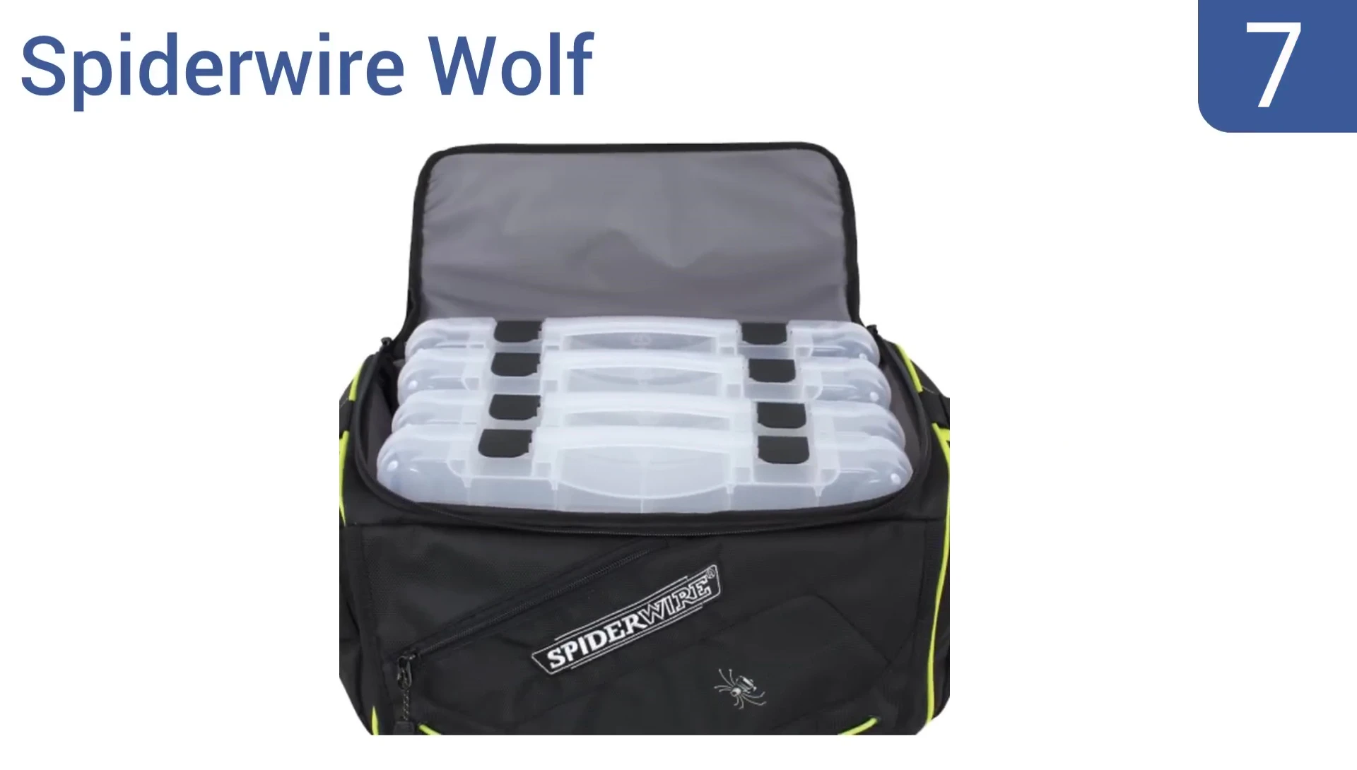 The Spiderwire Wolf tackle box open, showing interior compartments