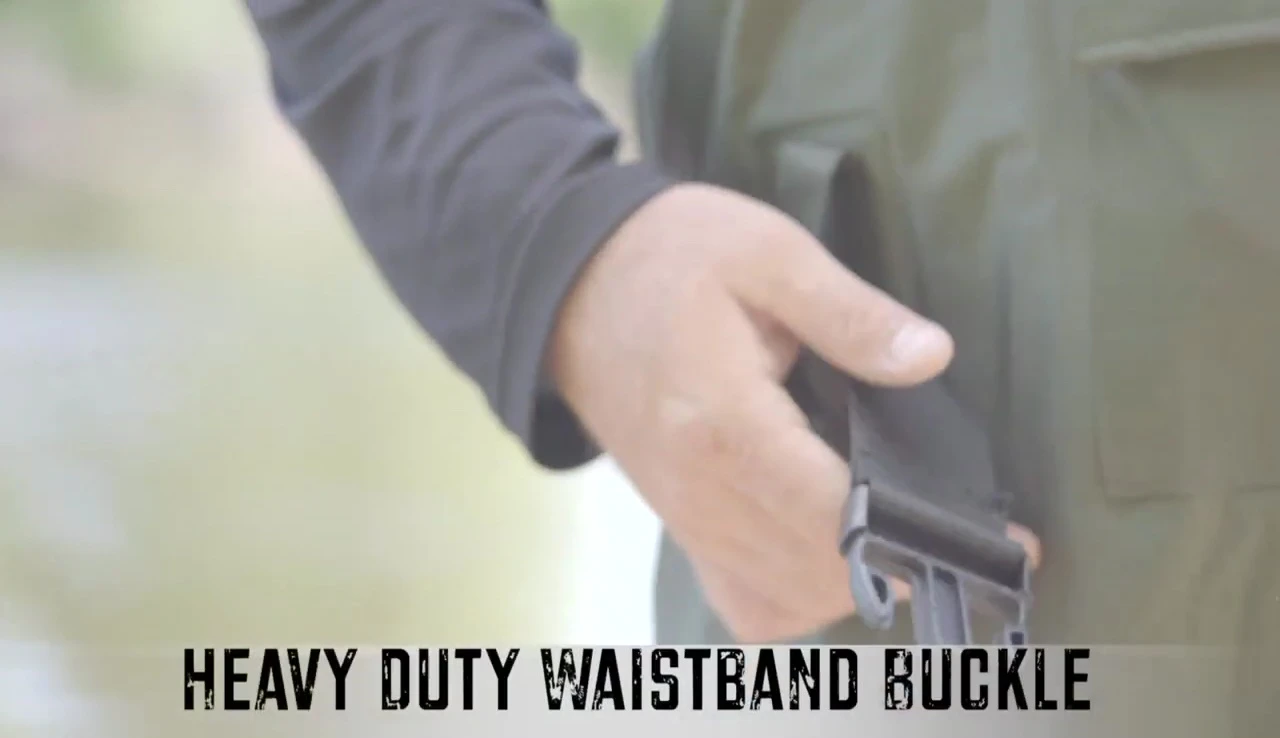 A view of the adjustable waistband and heavy-duty buckle.