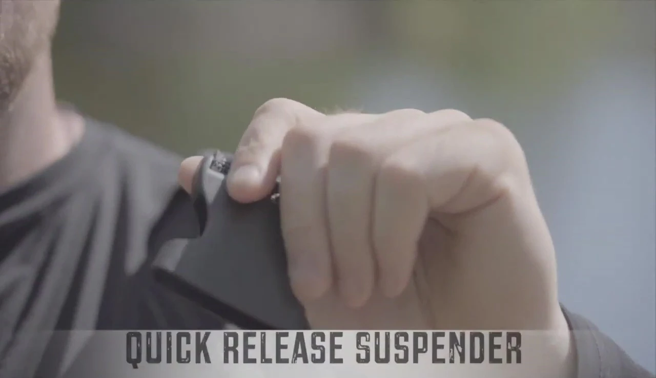 Close-up of the adjustable elastic suspenders and quick release system.
